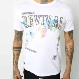 DNMX Universal Revival Graphic T-Shirt Mens Medium White Streetwear Tee Abstract